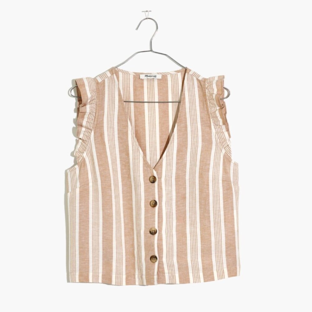 Madewell Linen-Blend Ruffle Button-Front Tank in Stripe Size 6 - Picture 4 of 5